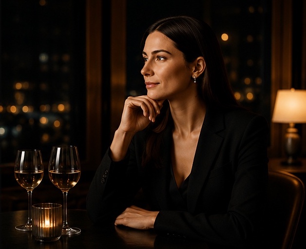 Professional woman seated in an elegant restaurant lounge
